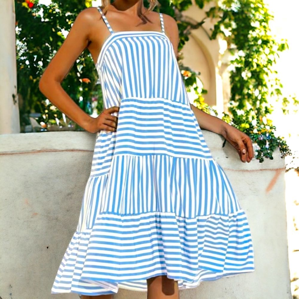 Deli S. Blue and White Tiered Midi Dress